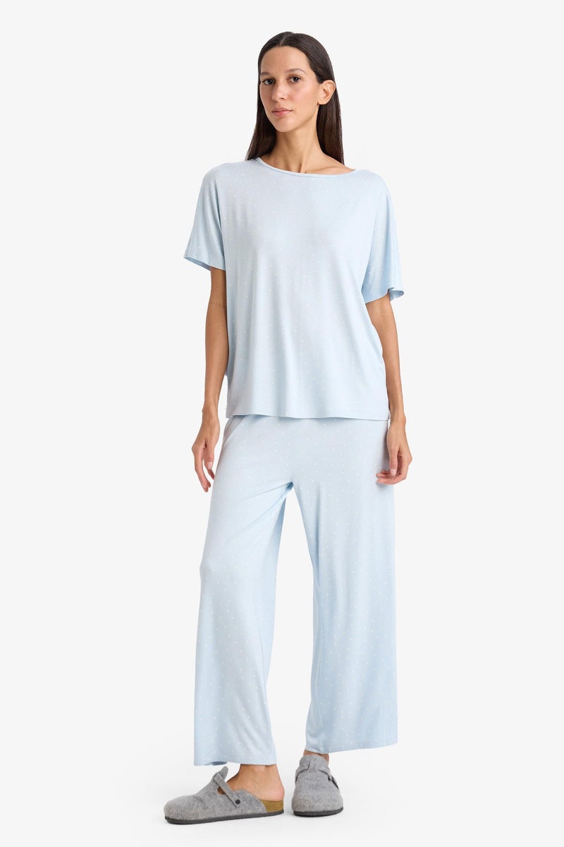 DeFacto Blue Woman Short Sleeve Top Bottom 2 Piece Pajama Set Casual - Image 4